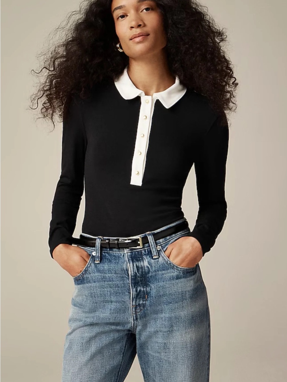 J. Crew Black Long-Sleeve Polo with White Collar and Placket